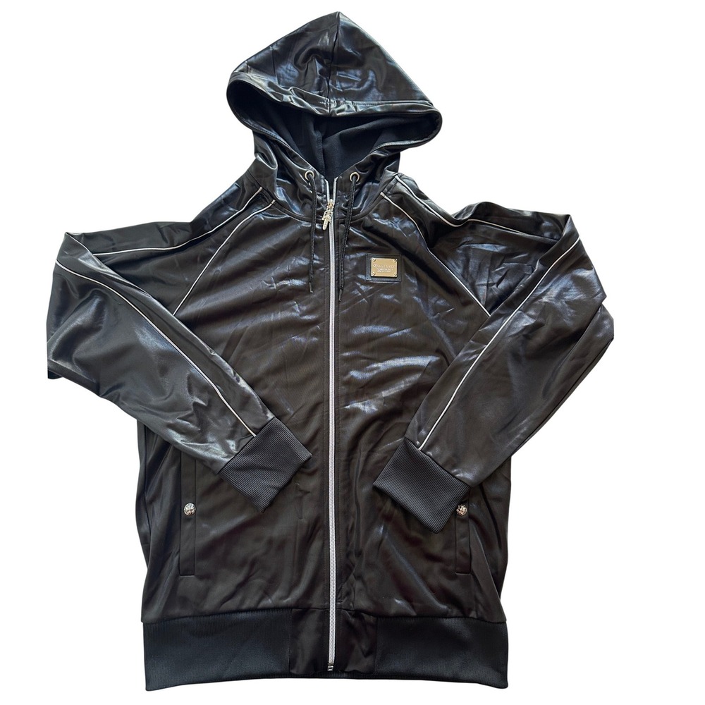 BODYMAKER Men's XL Black Full Zip Hoodie Jacket Shiny Metallic Trim Athletic
